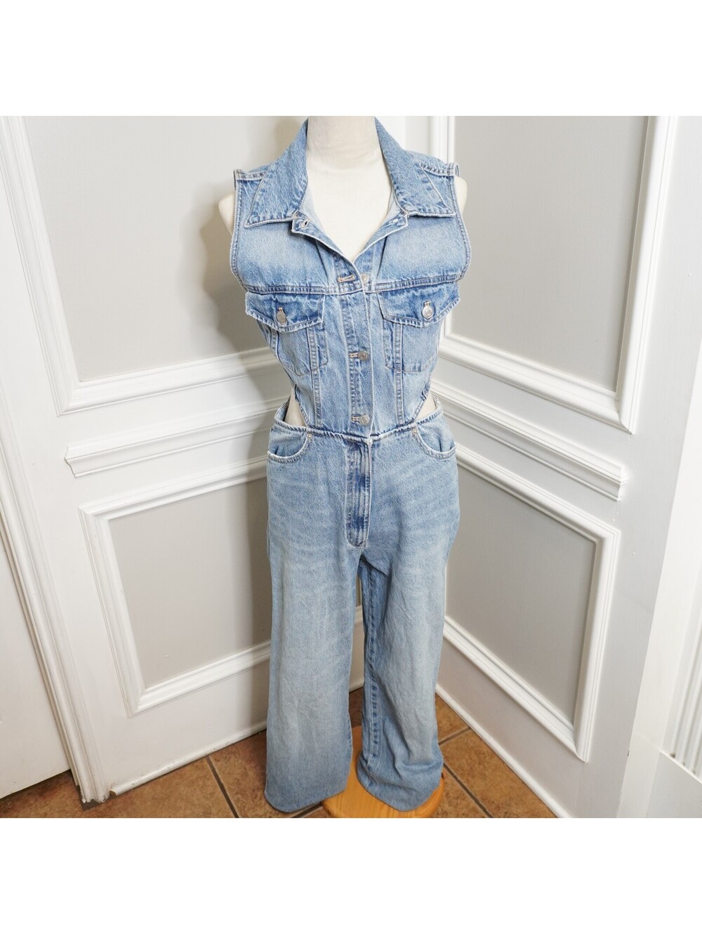 ZARA Light Blue Denim Sleeveless Jumpsuit with Cutouts
